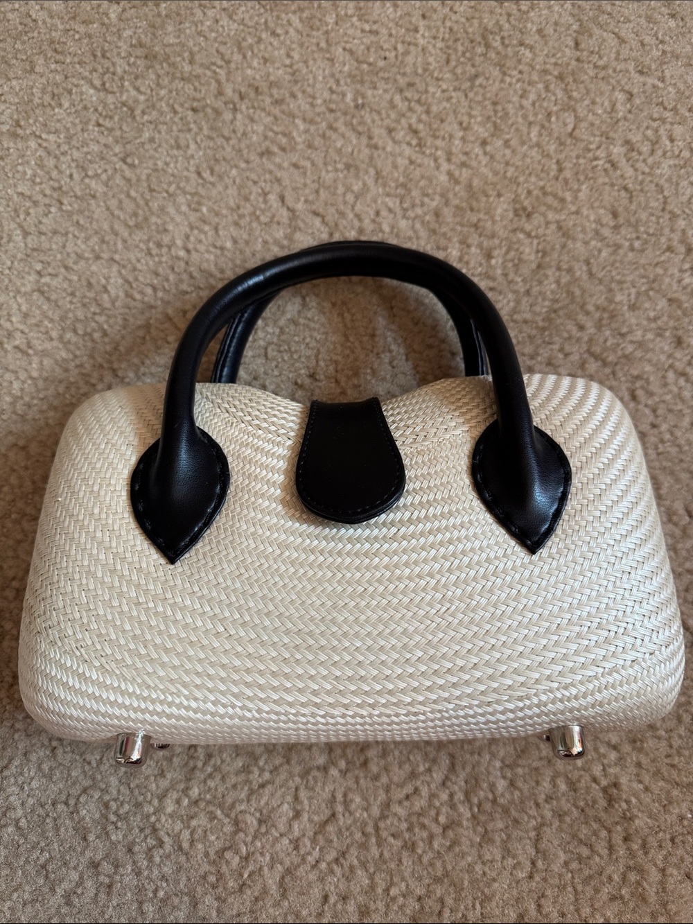 NEW Cream Woven Top-Handle Bag with Black Trim